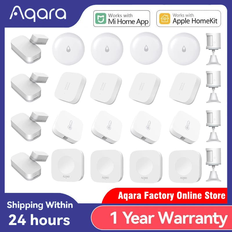Aqara offers a range of smart home devices including Window Door, Temperature Humidity, Human Body Motion, Water Immersing, and ZigBee Vibration Sensor Switch for HomeKit.