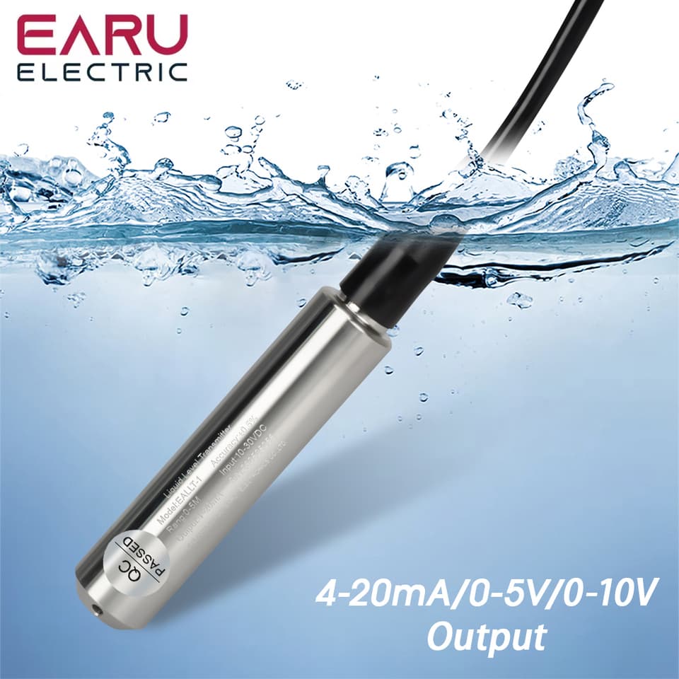 A 10-30V liquid level sensor with 4-20mA, 0-5V, 0-10V output, for water level detection.
