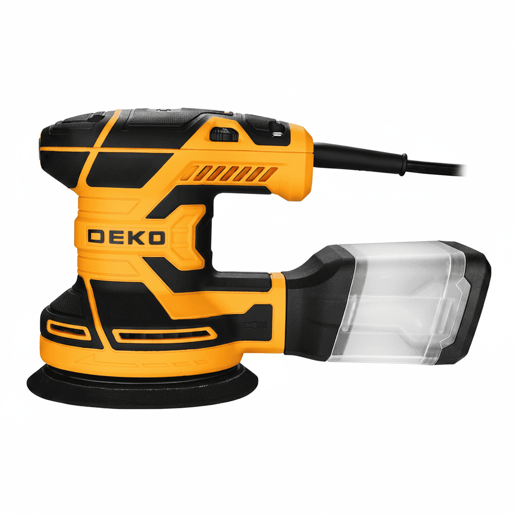 DEKO DKOS32XL125 320W random orbit sander for DIY and carpentry, with strong dust collection.