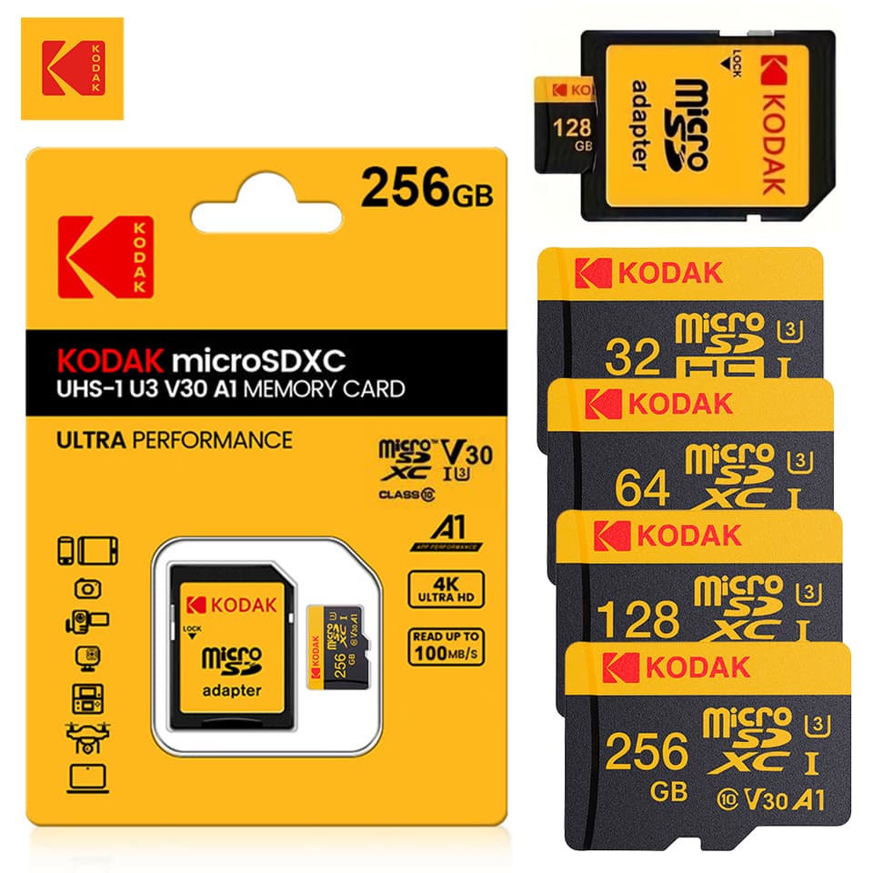 KODAK 256GB Class 10 U3 microSDXC cfexpress card, perfect for high-resolution drone footage and 4K video.