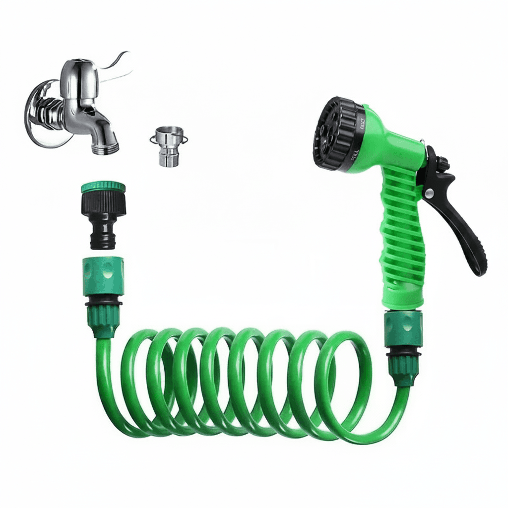 Garden Hose with 7-Function Nozzle, coiled.