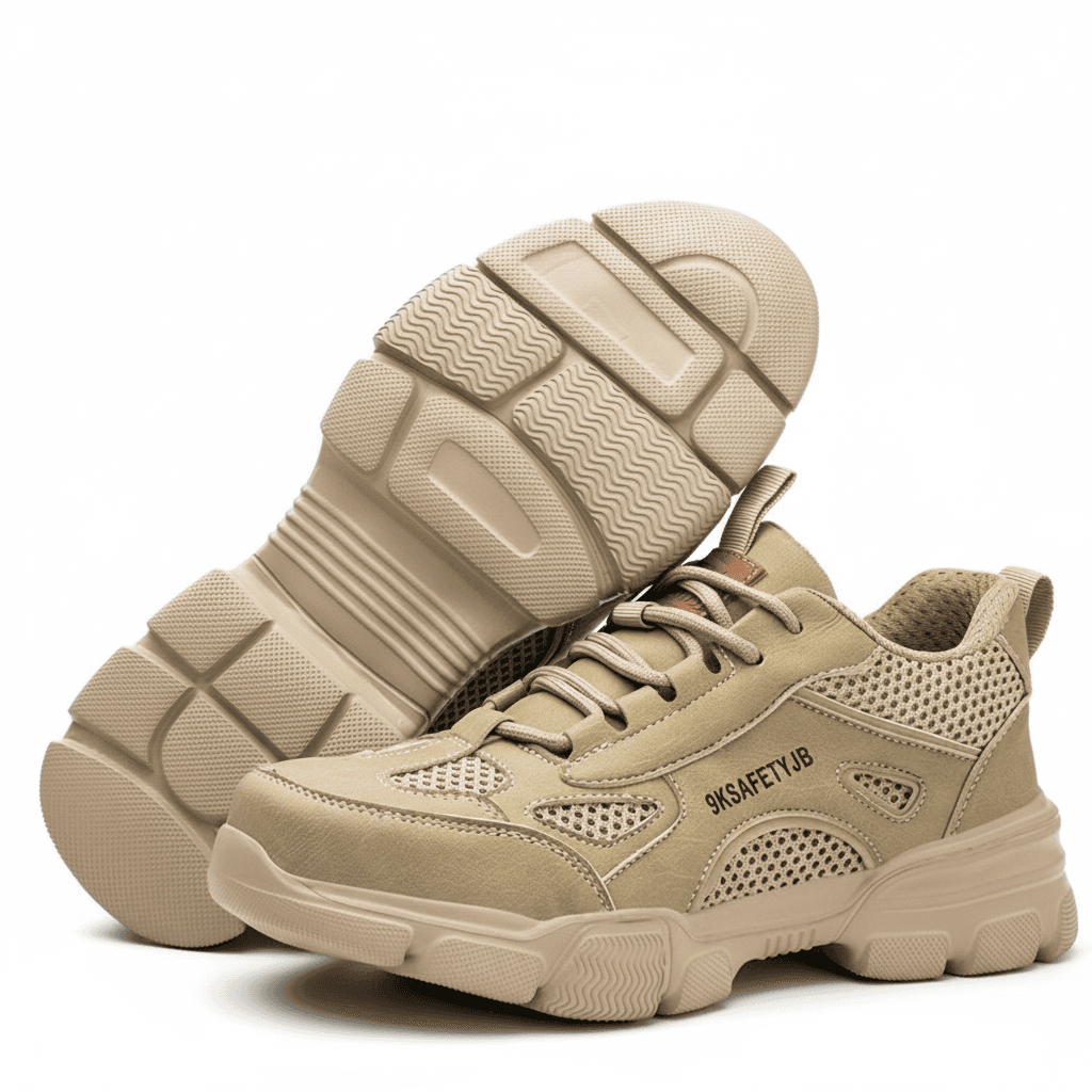 Steel toe cap safety boots, a pair shown from the side.