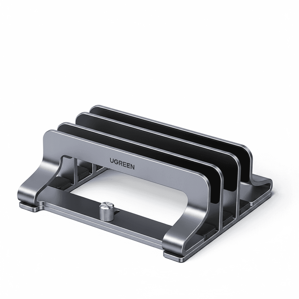 UGREEN Triple Laptop Stand. Three laptops in a vertical stand.