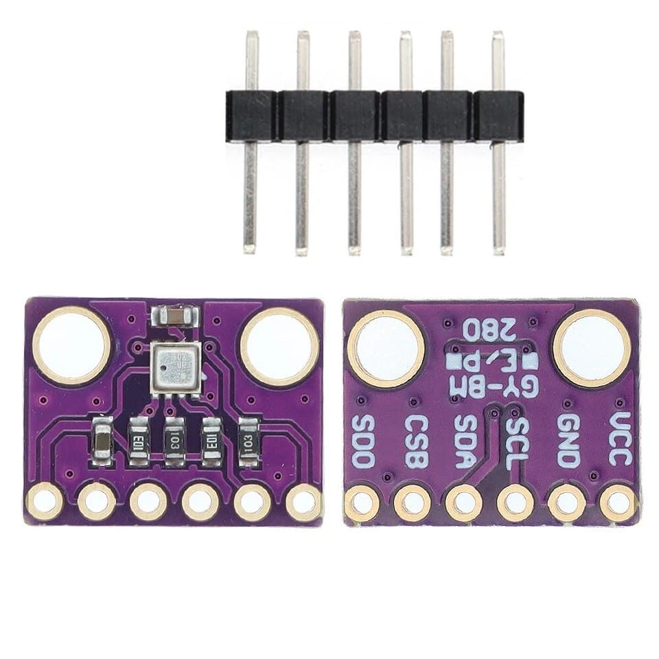 A compact BME280 digital barometric pressure, altitude, and humidity sensor module with both I2C and SPI interfaces.