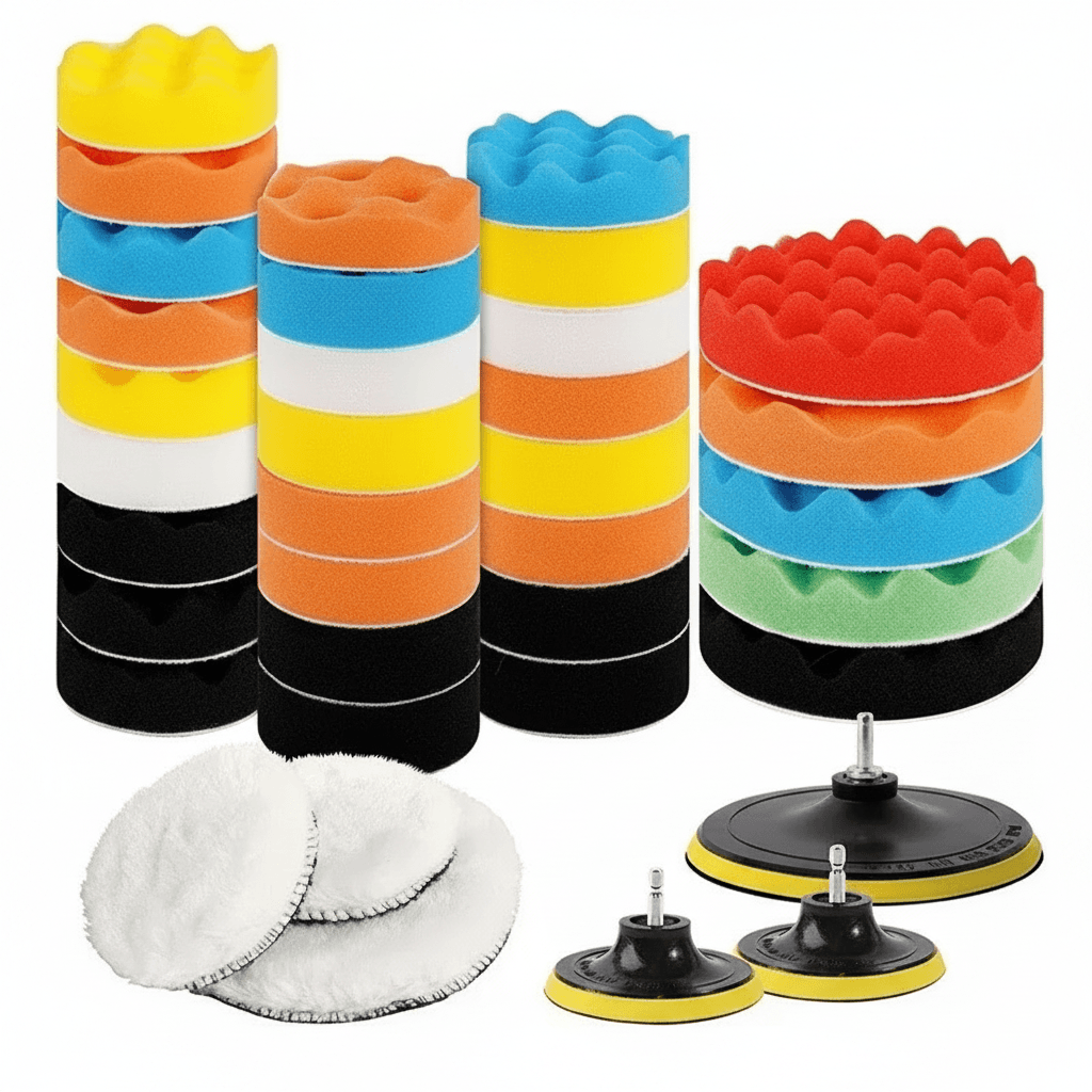 A comprehensive kit of car polishing pads, including various foam and wool pads for different polishing stages.