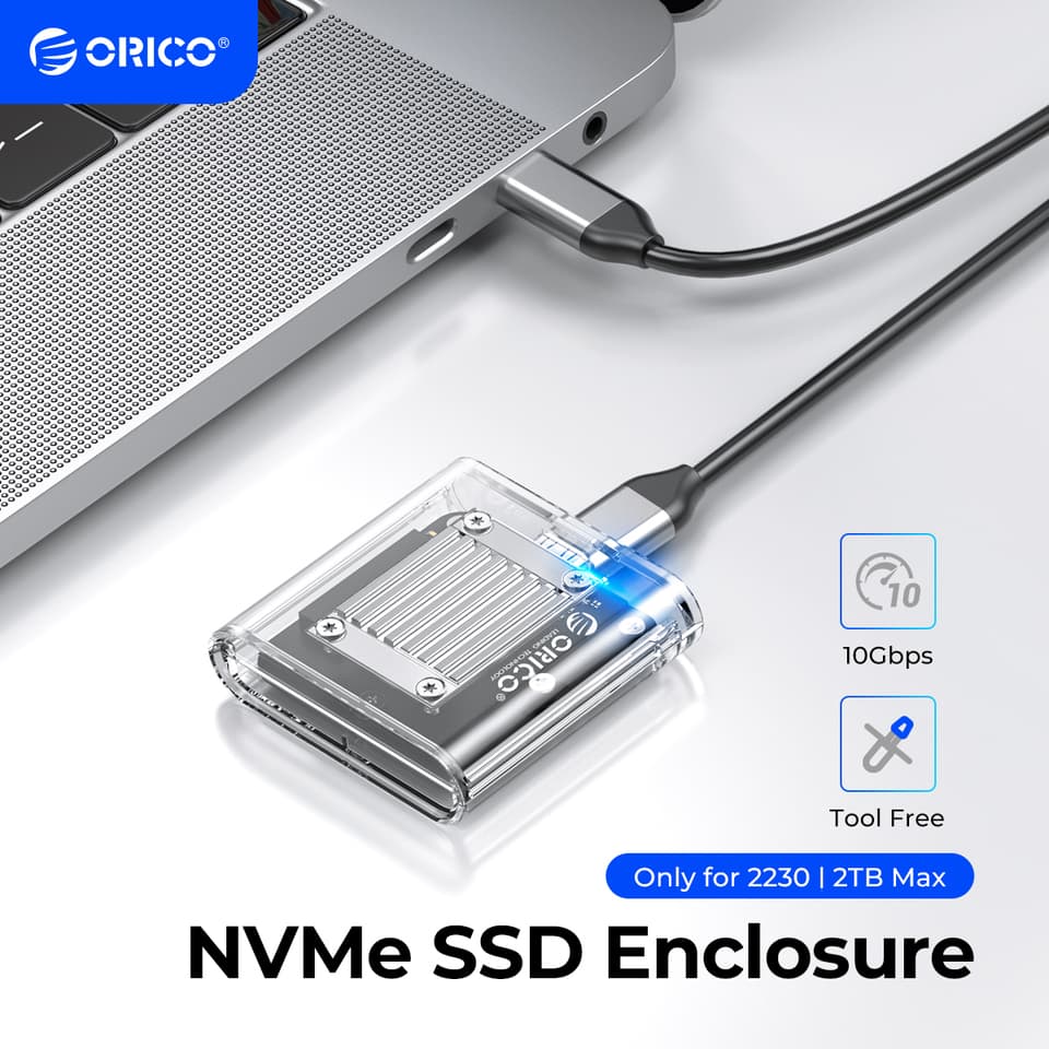 Transparent M.2 NVMe SSD enclosure with USB-C 10Gbps connection, showcasing internal drive.