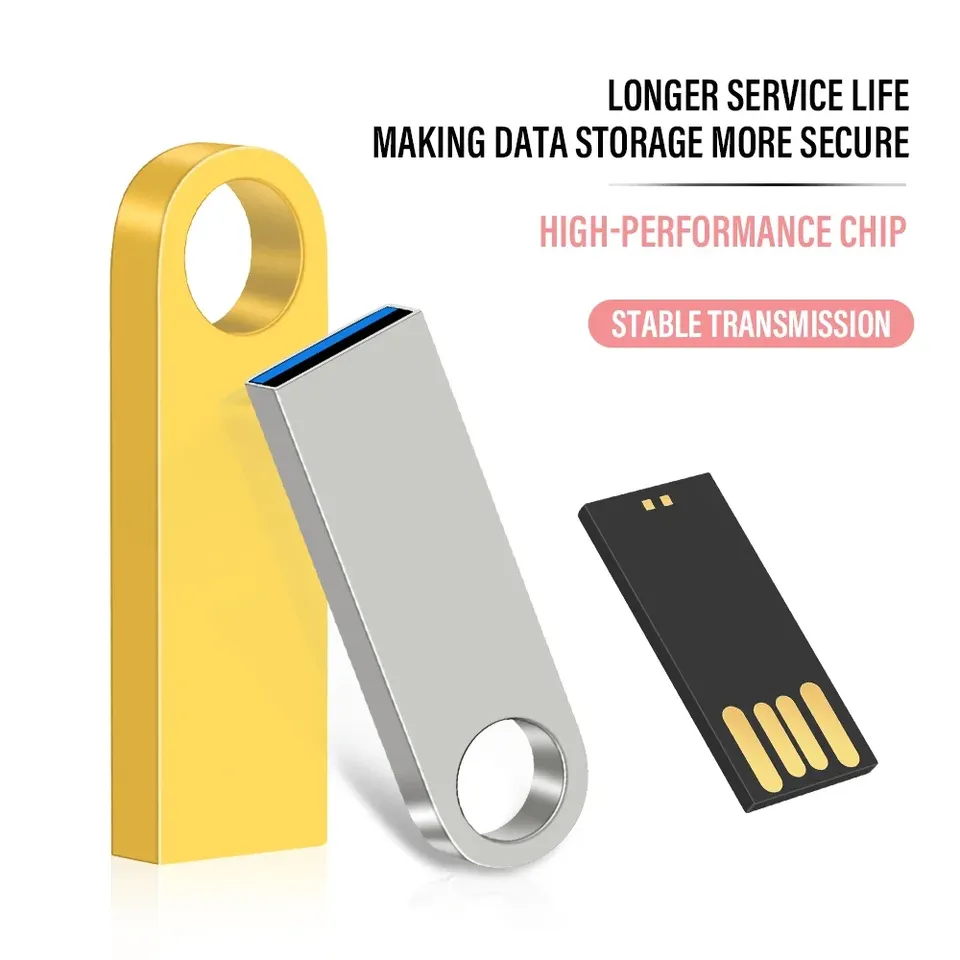 A sleek silver USB flash drive with a cap, offering high-speed data transfer in various capacities.