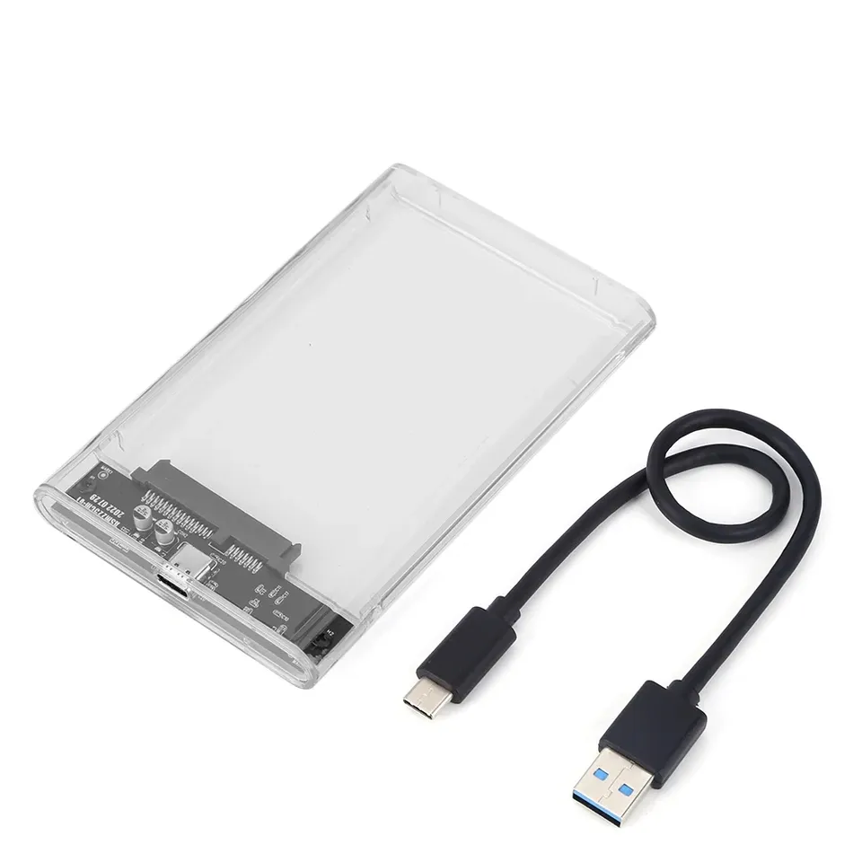 Transparent 2.5-inch SATA to USB 3.1 hard drive enclosure with UASP support and tool-free design.