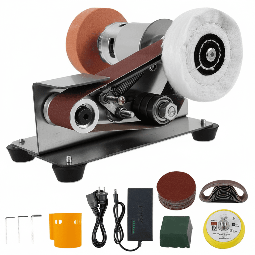 Mini belt grinding machine, a multifunctional electric sander polisher with adjustable speed for sharpening and grinding.