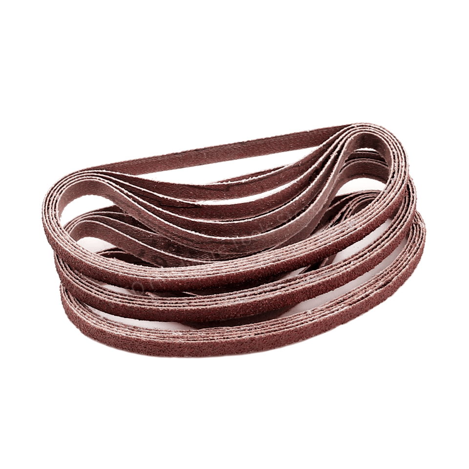 A 10-piece set of 533*9mm sanding belts with 40-1000 grits for a finger belt sander.