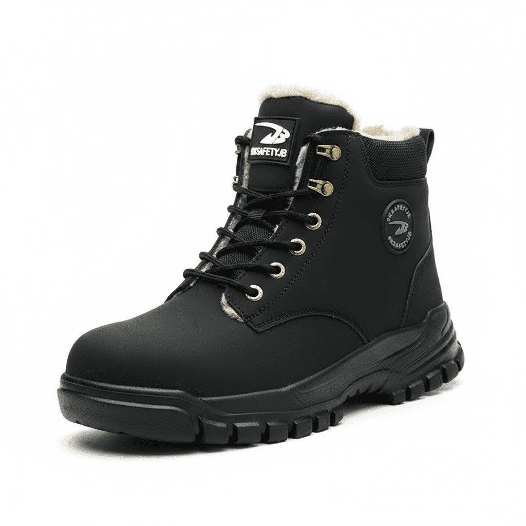Waterproof steel toe cap boots, a pair shown clearly.