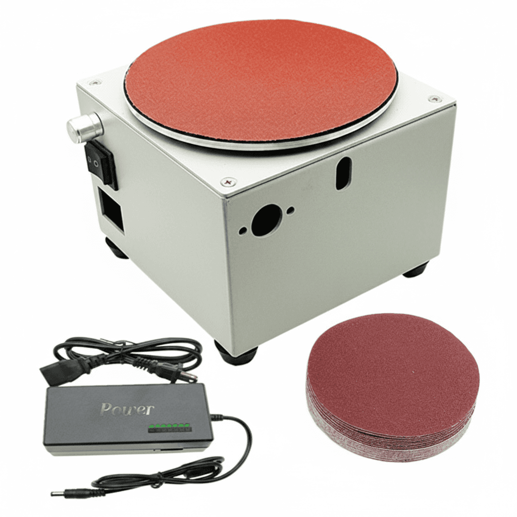 A 6-inch mini belt disc sander, perfect for wood, metal, and stone grinding, includes 20 pieces of sandpaper, functioning as a finger belt sander.