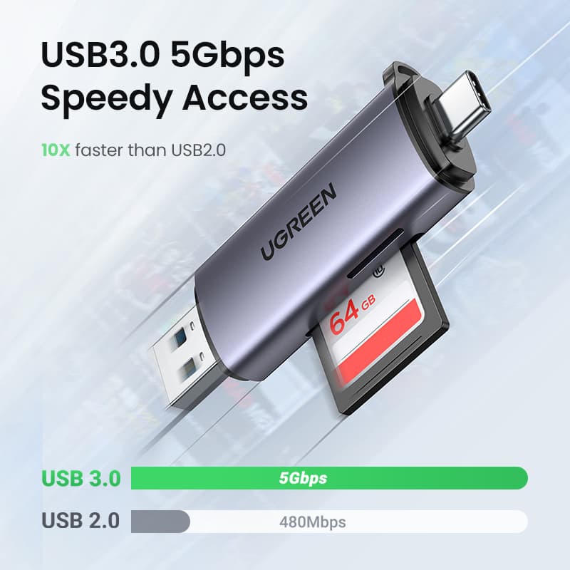 A UGREEN USB 3.0 & USB C to SD MicroSD TF Thunderbolt 3 memory card reader, ideal for PC and laptop accessories.