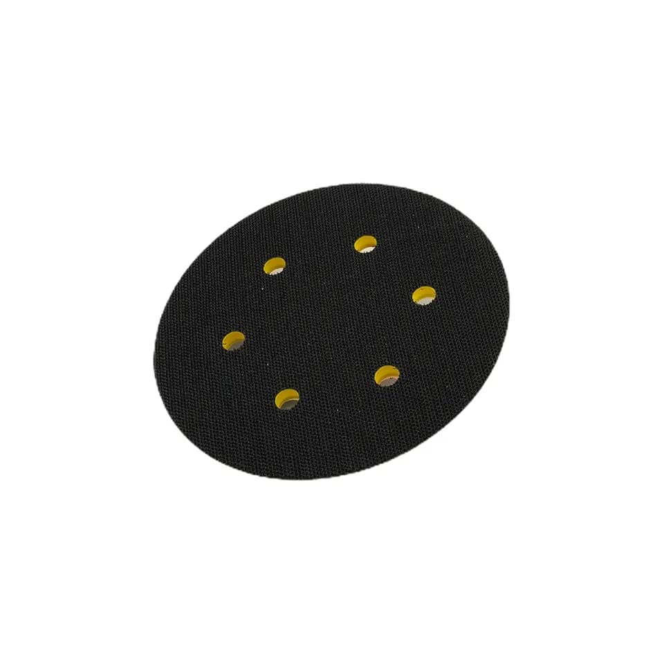 A 6-inch 150mm 6-hole sander backing pad with hook and loop, a dust-free sanding disc holder, and an essential abrasive tool for polishers.