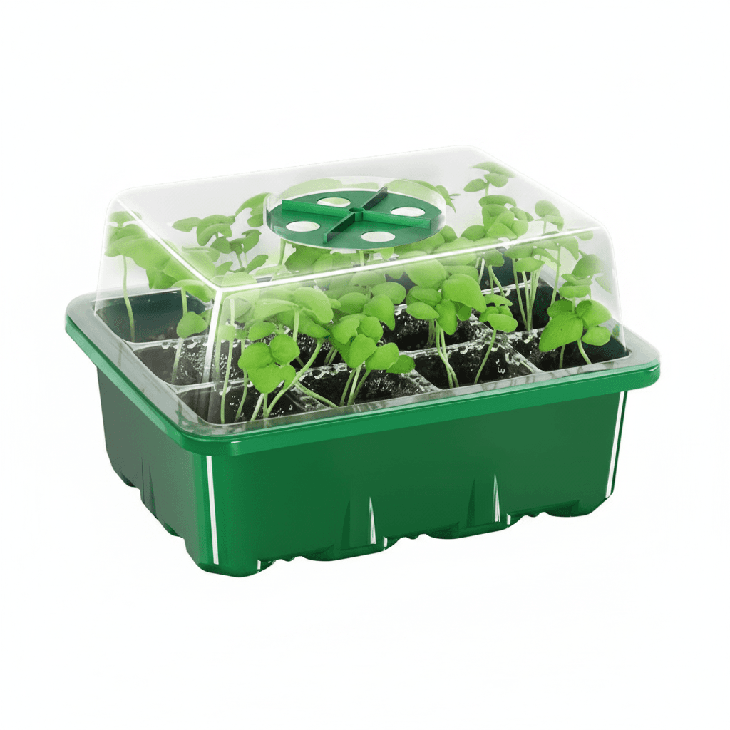 Seed plant trays with humidity domes, ready for use.