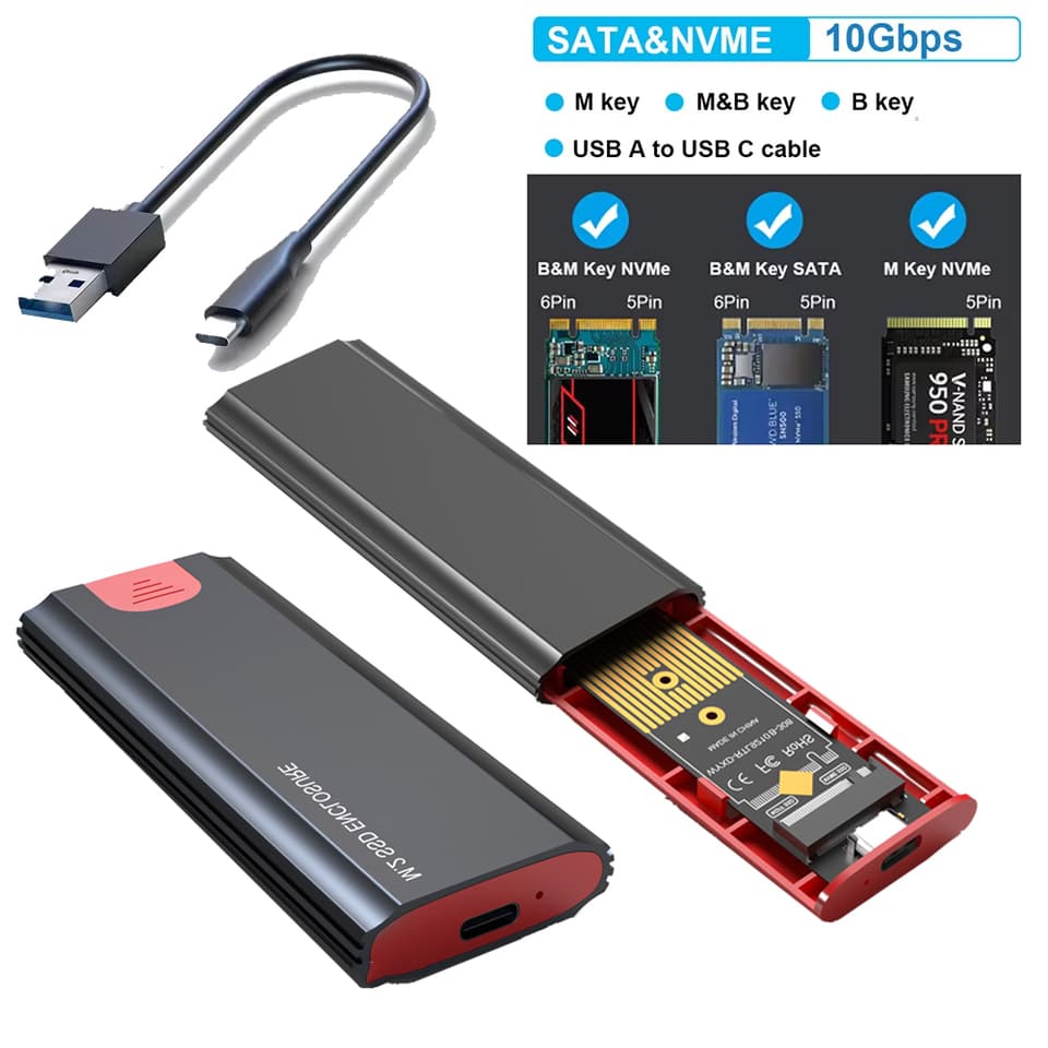 M.2 NVMe enclosure, a 10Gbps USB 3.2 Gen2 USB C external adapter supporting M and B&M keys.