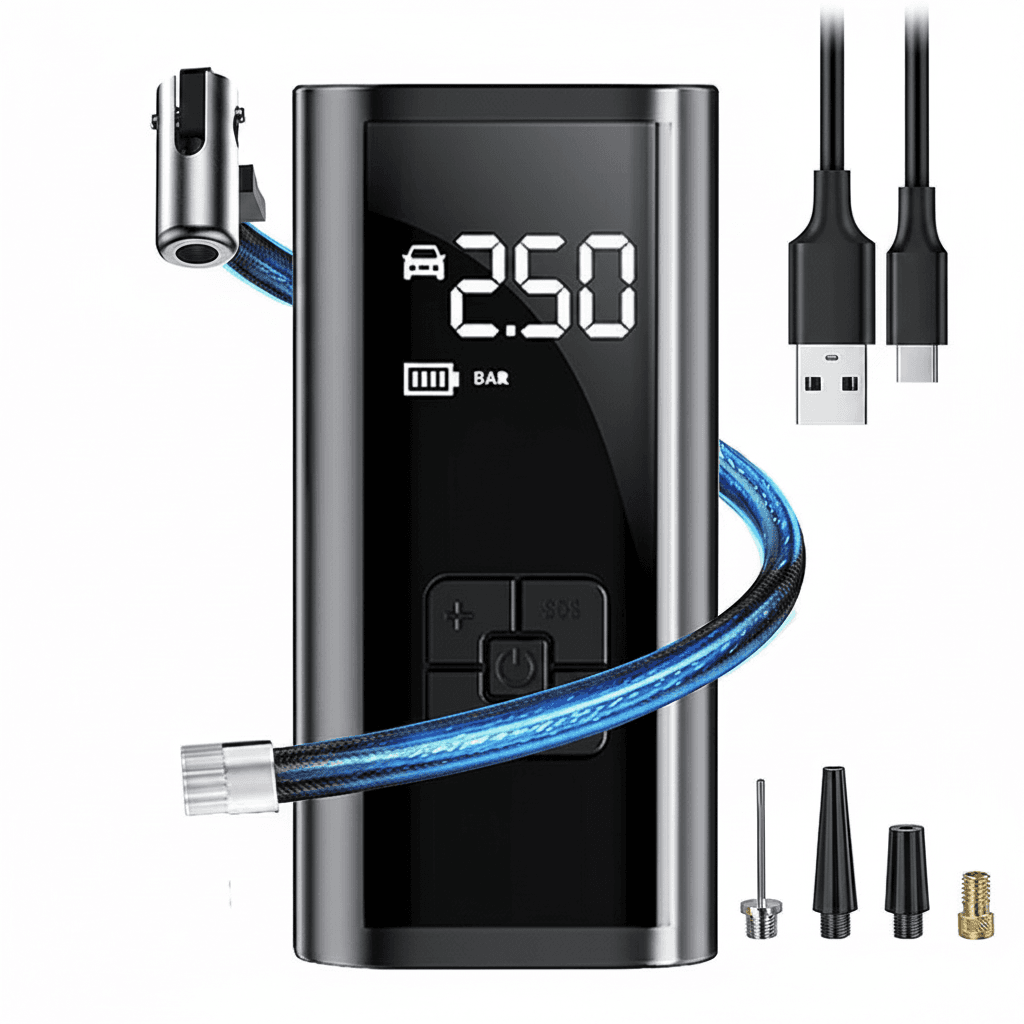 Digital tyre inflator for car, front view.