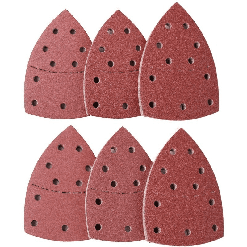 A close-up of various triangular sandpaper grits for a detail sander, ranging from coarse to fine, displayed neatly.