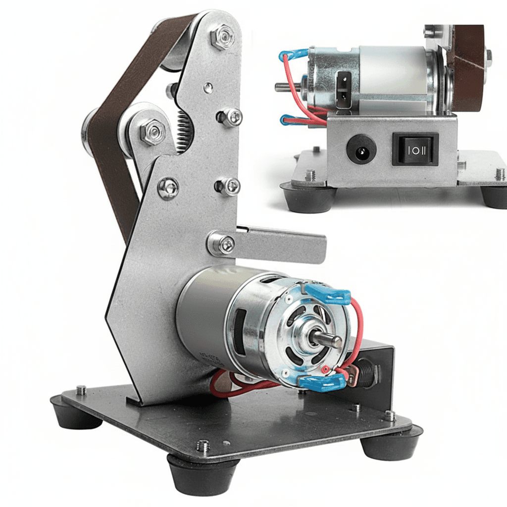 A compact desktop vertical mini electric abrasive belt sander, also functioning as a polishing machine, a versatile belt sander.