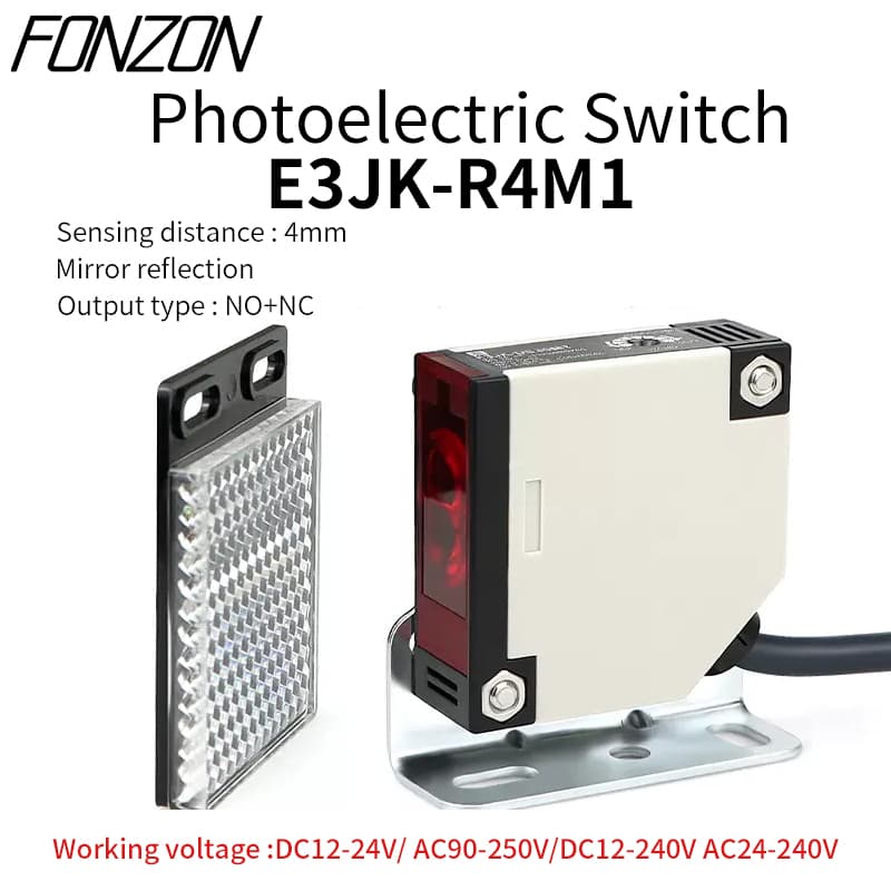 E3JK-R4M1 photoelectric sensor with 4m sensing distance, shown from the front.