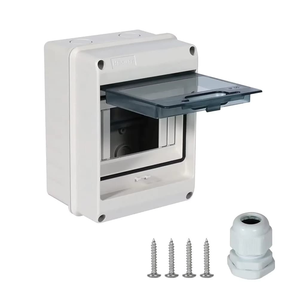 HT Series power distribution box, IP65 waterproof, with terminal DIN rail for outdoor garden use.