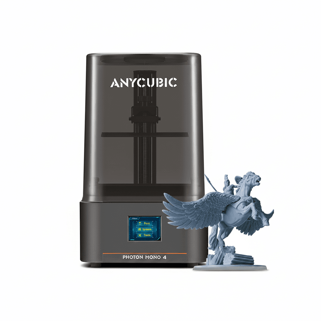 Photon Mono 4 AE 3D Printer and a printed model on white, with branding and features.