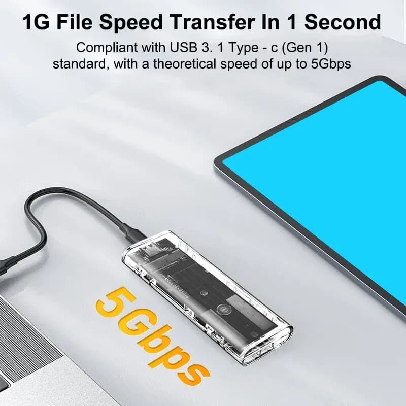 A transparent external SSD enclosure for M.2 NGFF SATA SSDs, featuring USB Type C connectivity.