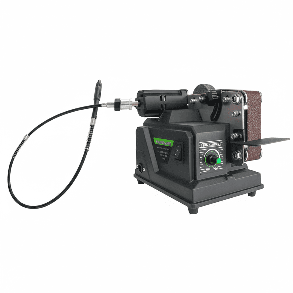 The Allsome Mini Belt Sander, a compact 180W electric tool with accompanying sanding belts, compatible with Makita 18V batteries.