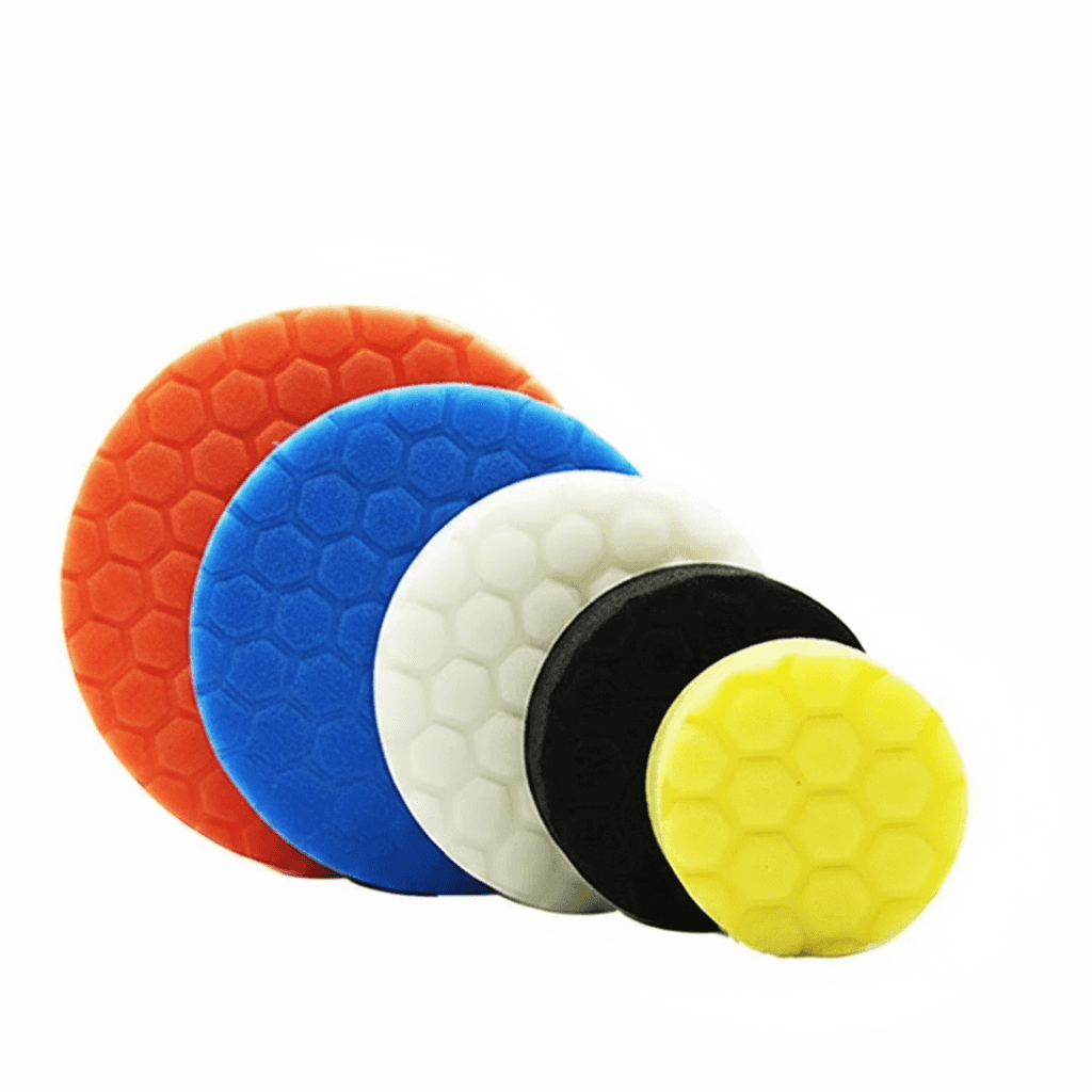 A 5-piece car polishing pads kit, including self-adhesive buffing wheels and waxing sponge pads for auto detailing.