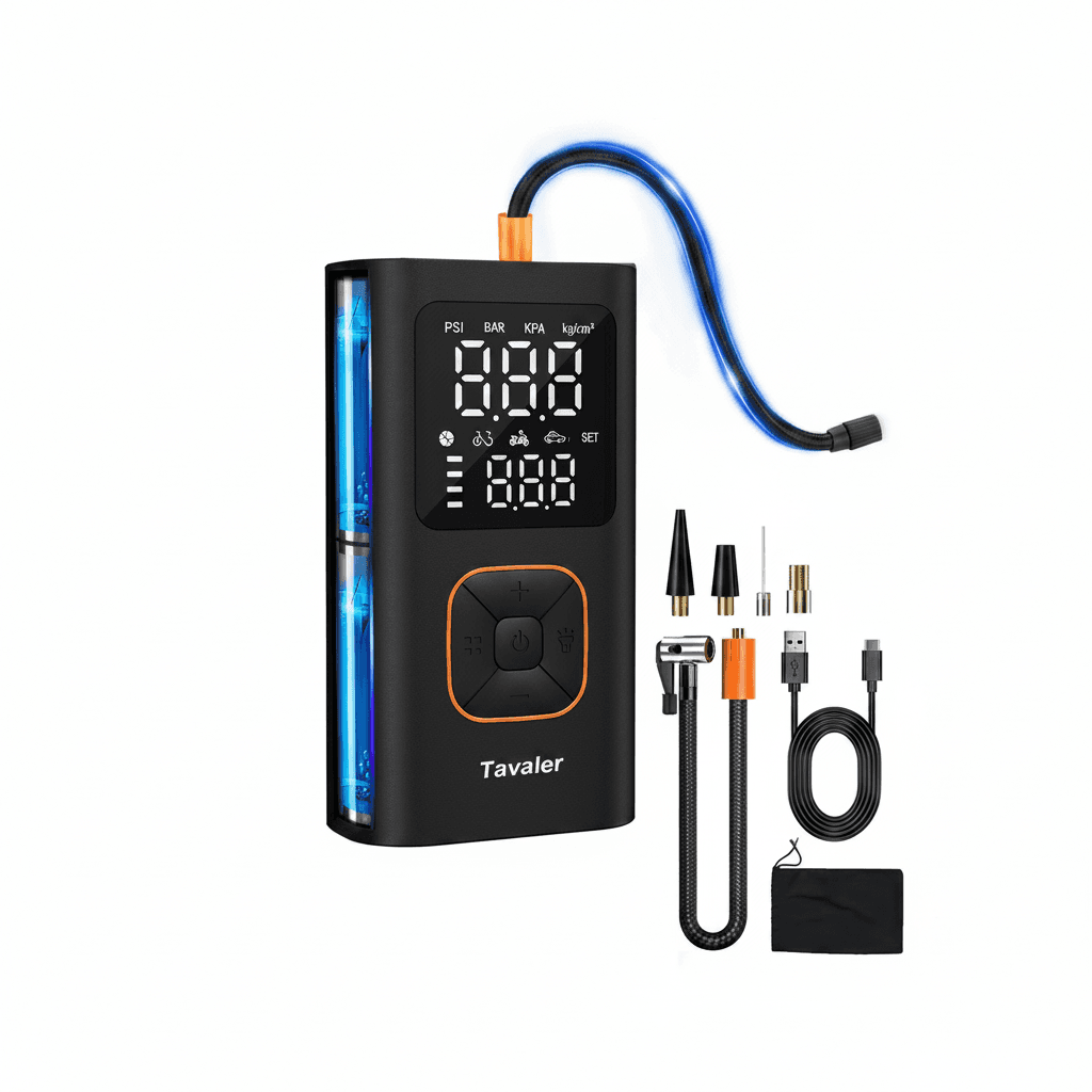 Digital tyre inflator for car, front view.