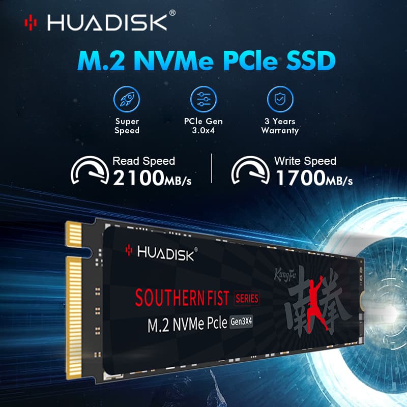 A HUADISK NVMe M.2 SSD, a high-performance internal m.2 ssd hard drive for notebooks and desktop PCs.