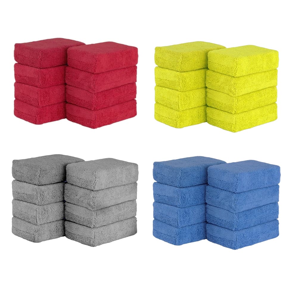 An 8-piece set of microfibre car wax applicator pads, soft auto detailing wax sponges with a rectangle foam design, ideal for car paint care and car polishing pads.