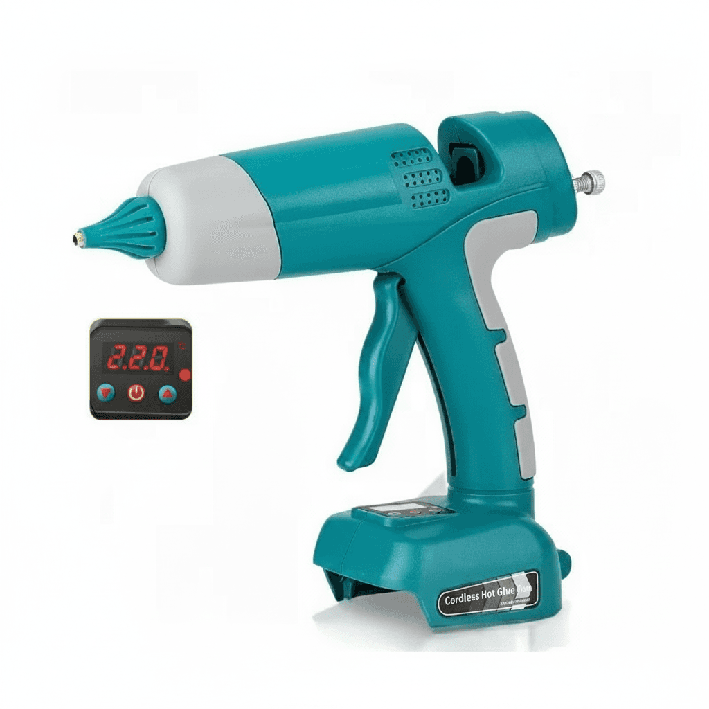 Makita 18V-21V Cordless Glue Gun with feature text overlays and 'No Battery' note.