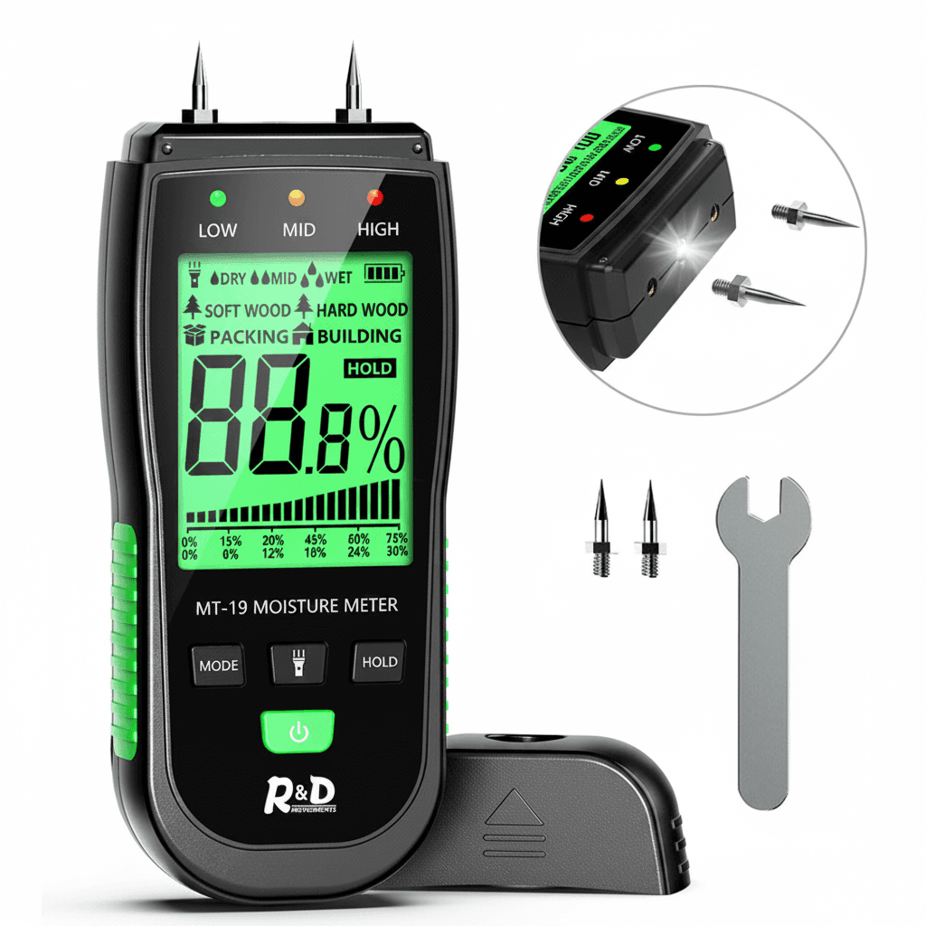 R&D MT-19 Wood Moisture Meter, front view.