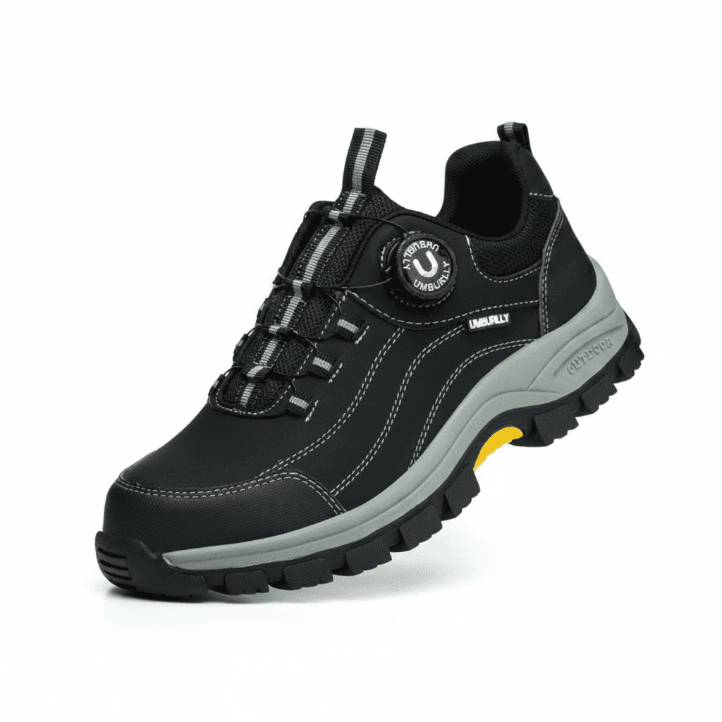 Black Leather Safety Wellington Boots, full view.