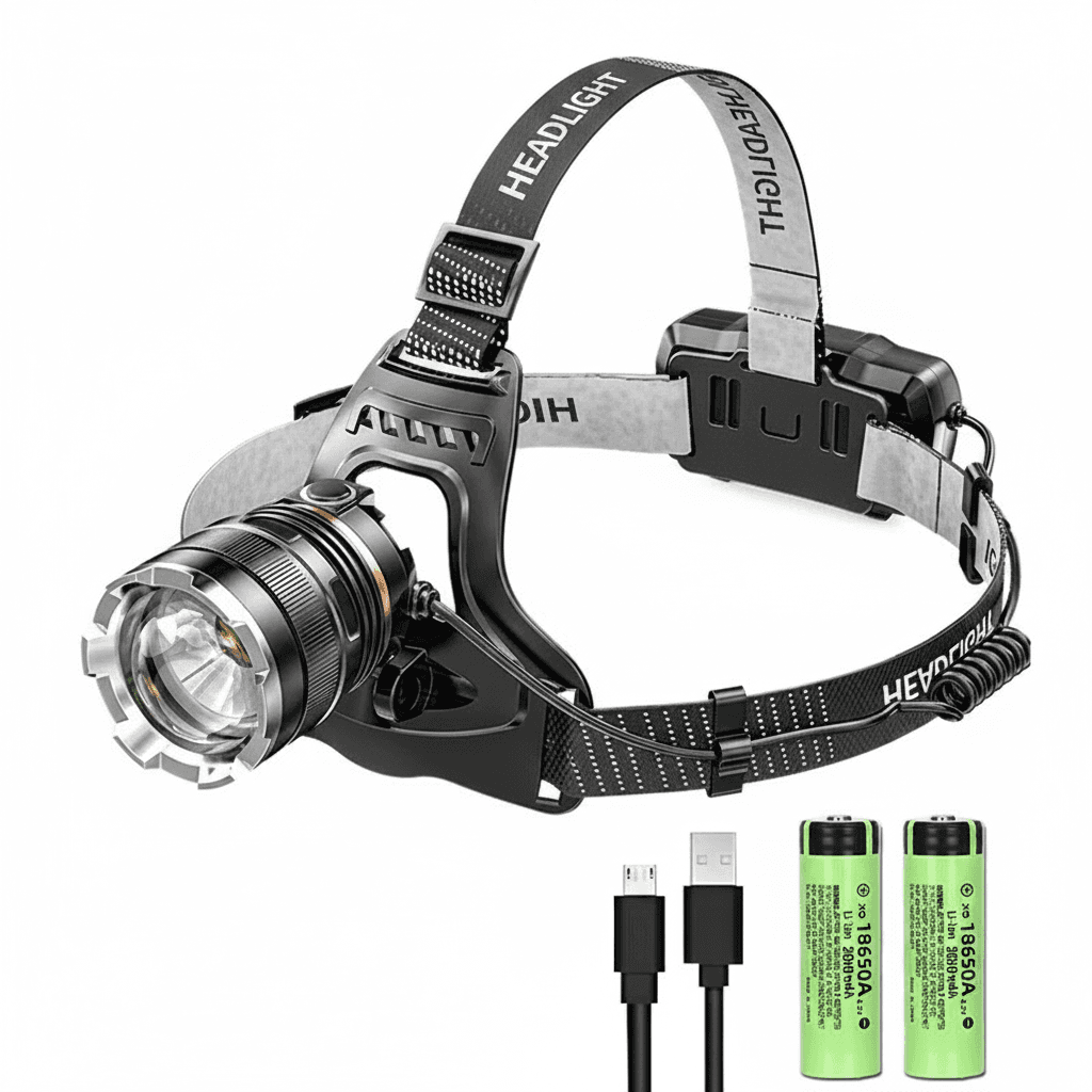 XHP90.2 Rechargeable Head Torch composite with usage examples, battery, and cables.