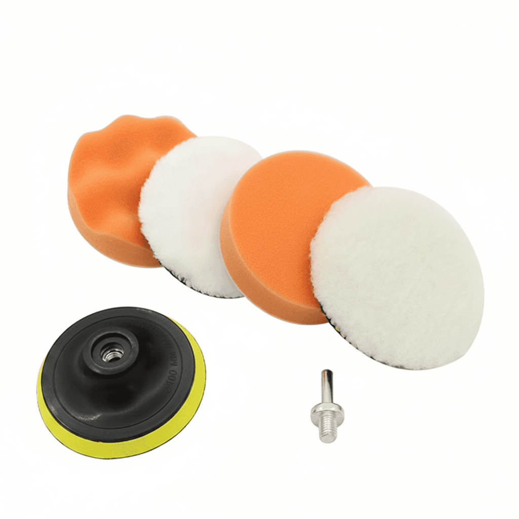A 6-piece kit of car polishing pads, foam buffers for waxing and scratch removal, compatible with polishing machines.