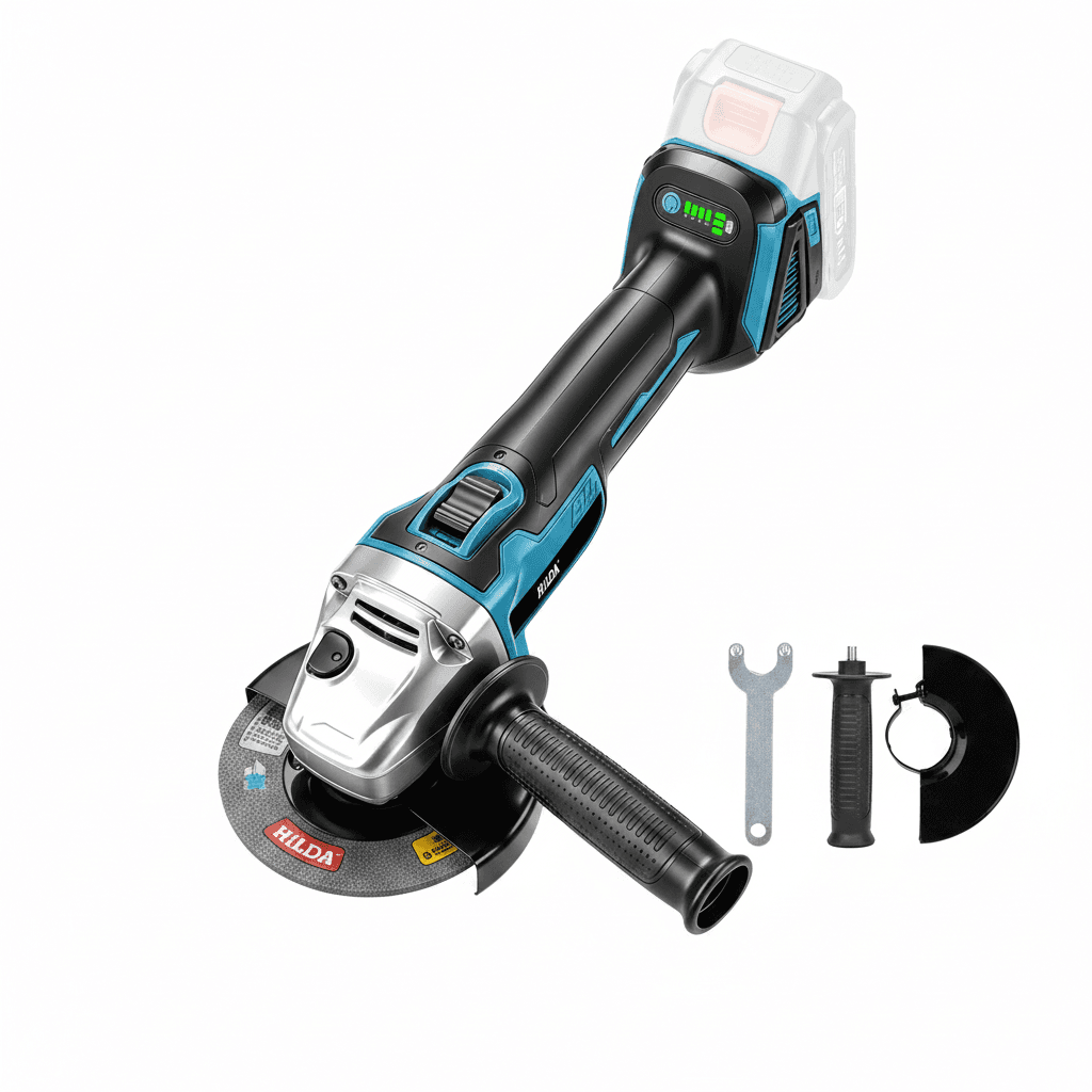 HILDA 21V brushless cordless sander, an angle grinder for metal and wood cutting, compatible with Makita batteries.
