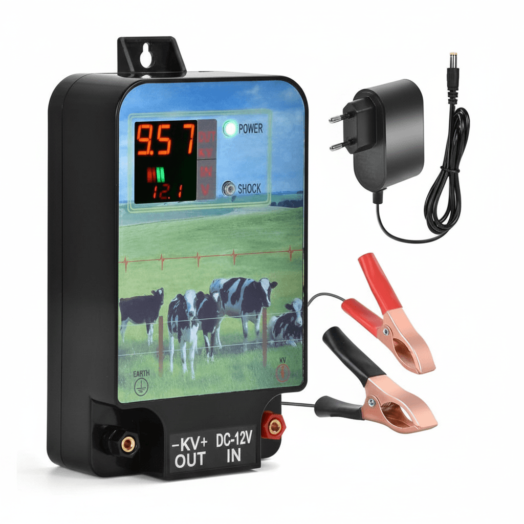Fence Energiser: a compact, grey and black electric fence energiser unit.