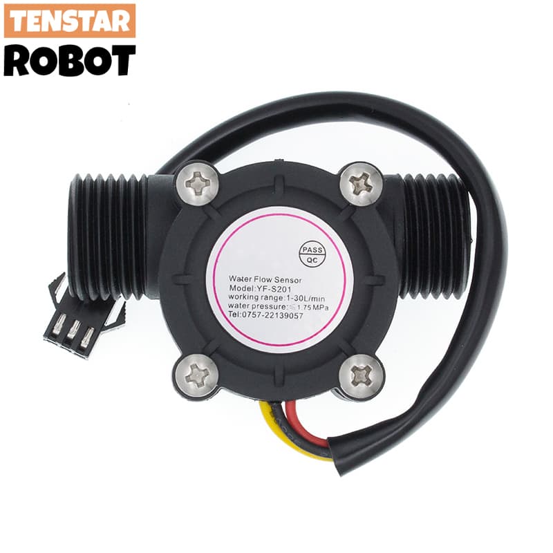 A YF-S201 12V water flow sensor, a compact device for liquid flow measurement.
