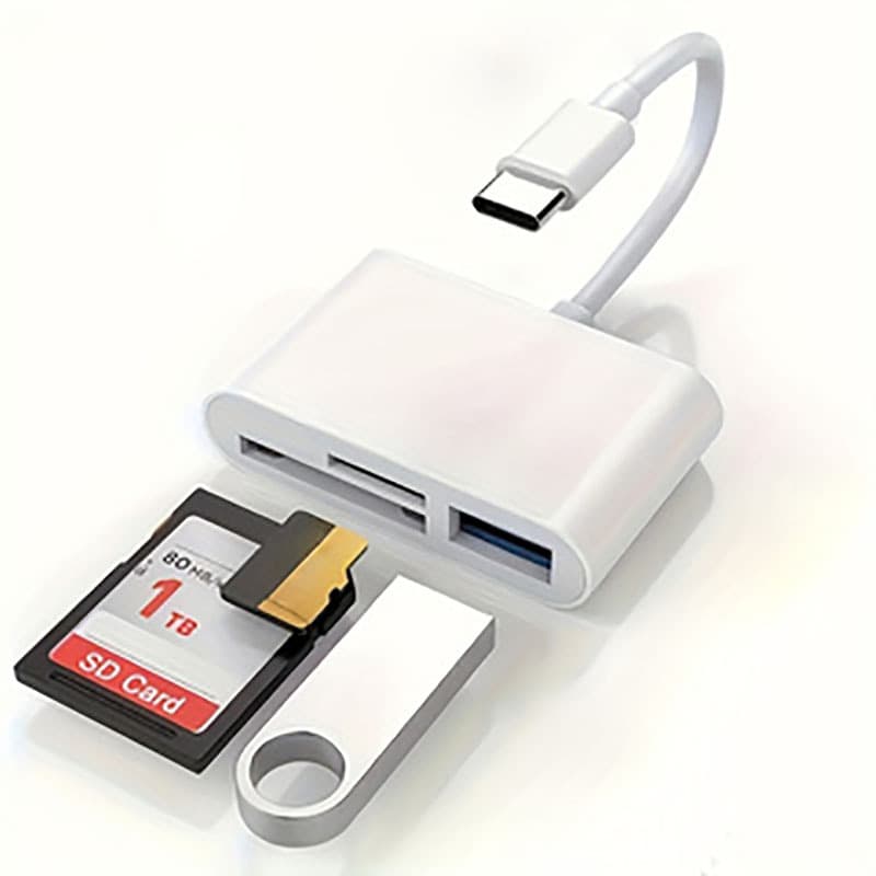A 3-in-1 USB C to SD/TF memory sd card reader, compatible with iPhones, iPads, MacBooks, and Android devices.