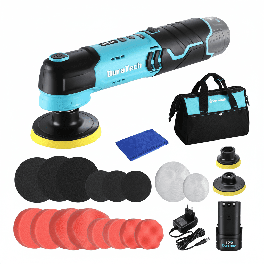 Duratech 12V cordless rotary polisher, a compact and powerful 6-speed buffer with a 2.0Ah battery for car detailing.