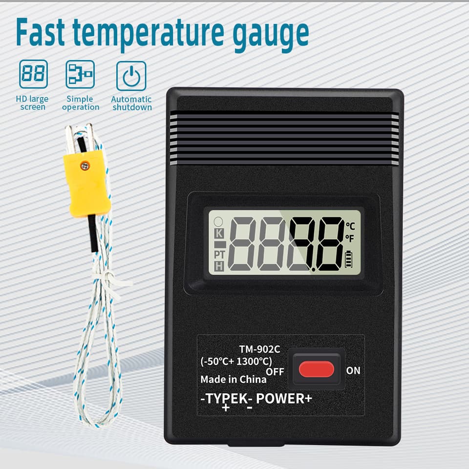 A black TM-902C digital K-type temperature sensor with an LCD display and thermocouple probe for industrial use.