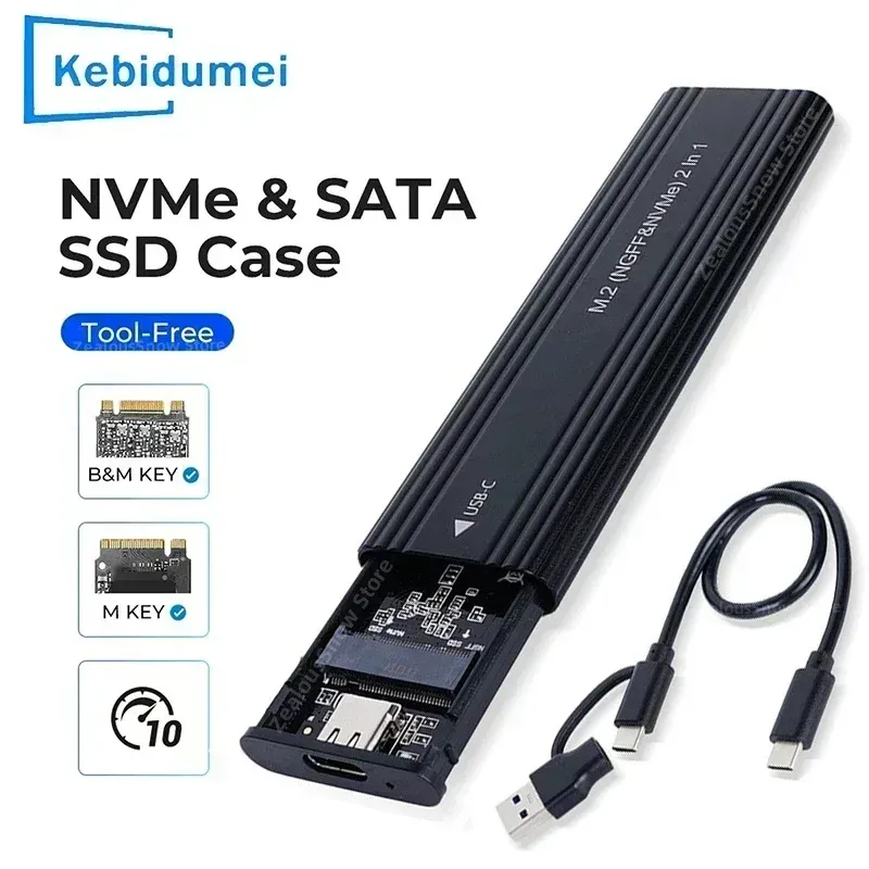 Sleek aluminum m.2 nvme enclosure with USB-C 10Gbps, compatible with 2230-2280 M.2 SSDs, shown with included cables.