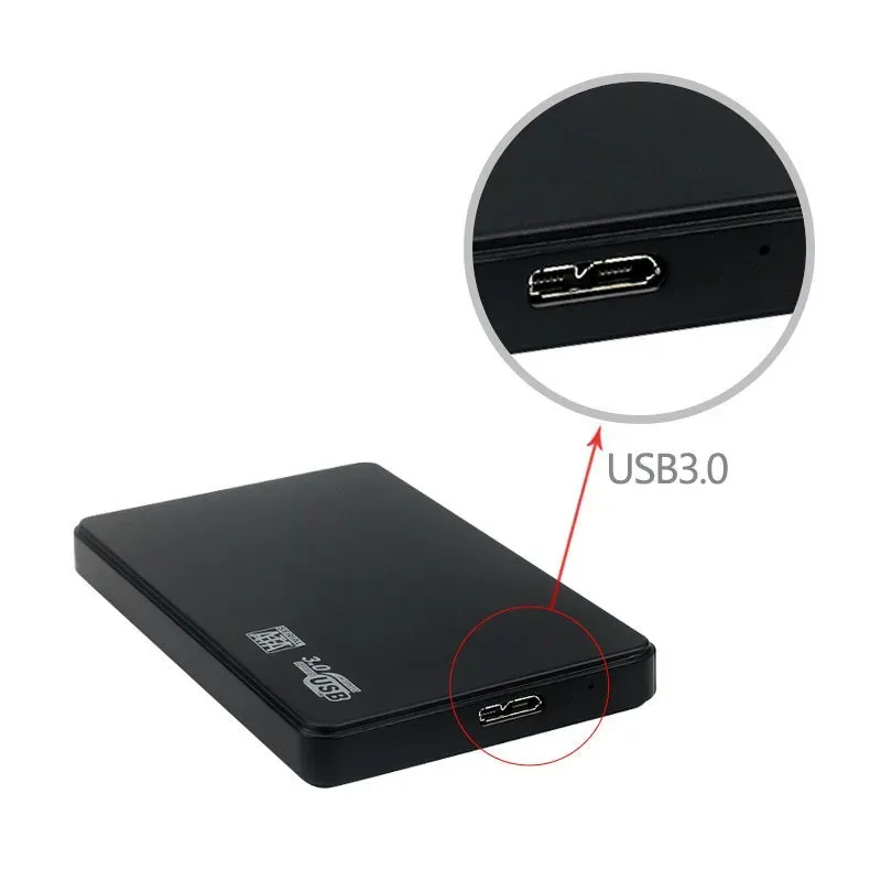 Black 2.5-inch SATA to USB 3.0 hard drive enclosure for SSD/HDD, with USB 3.0 cable, shown from the front.