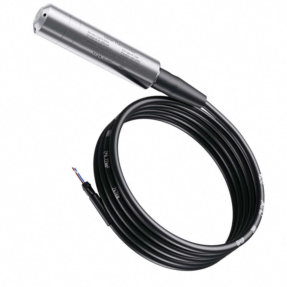 A submersible liquid level sensor, acting as a precise strain gauge for water depth measurement in tanks.