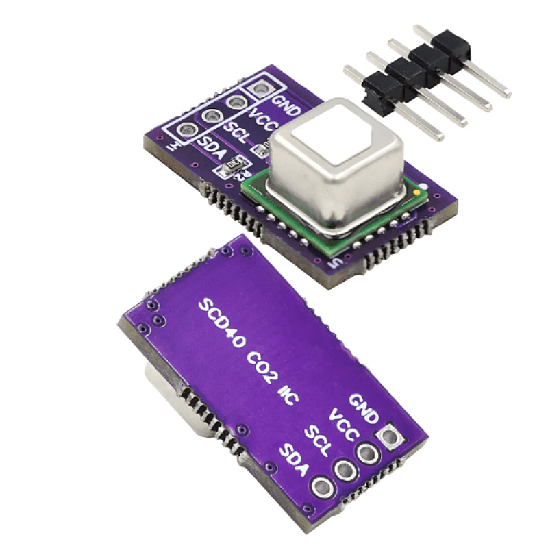 SCD40/SCD41 gas sensor module detects CO2, temperature, and humidity with I2C communication for accurate environmental data.