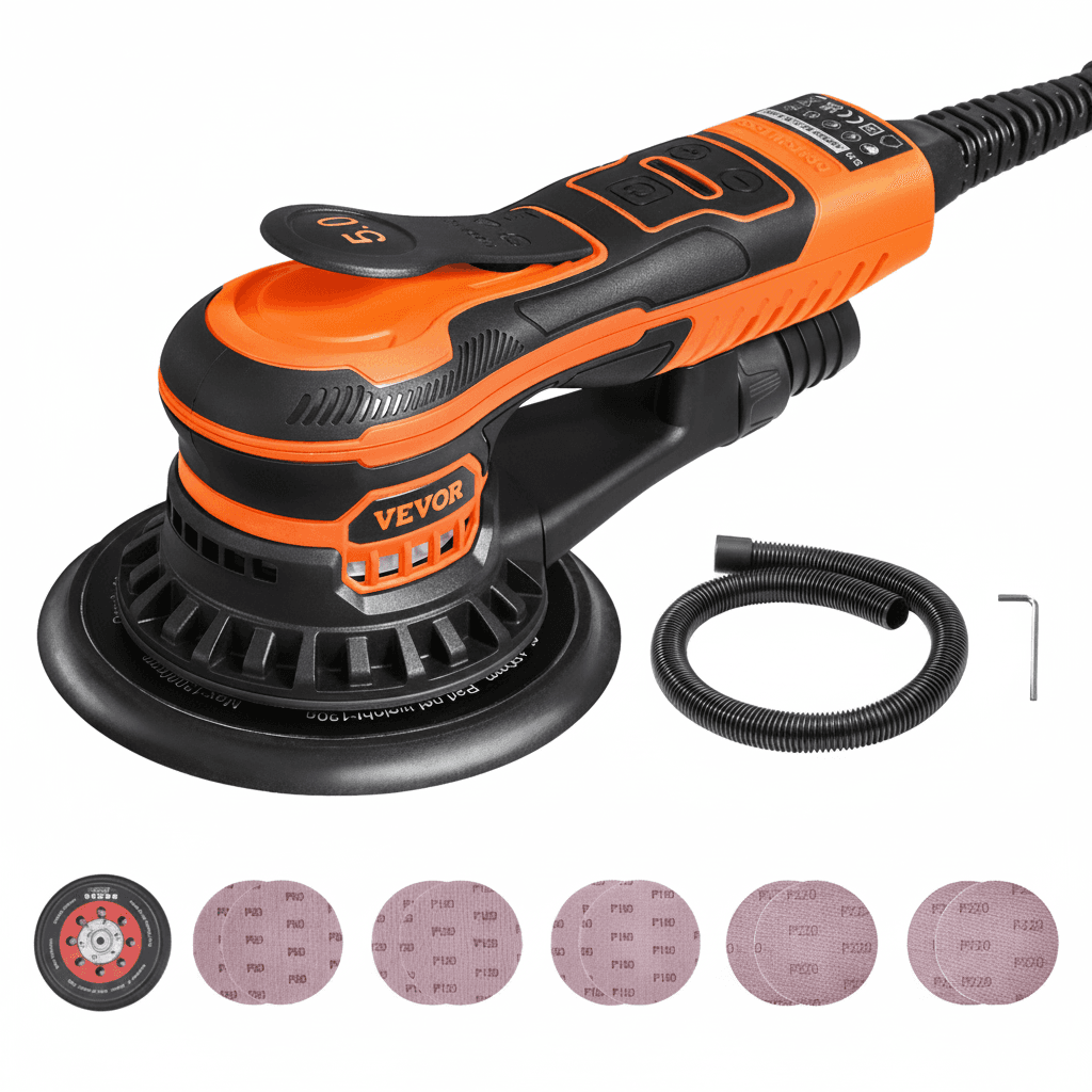 SucceBuy 350W brushless random orbital sander, 10000 RPM, 6 variable speeds for woodworking.