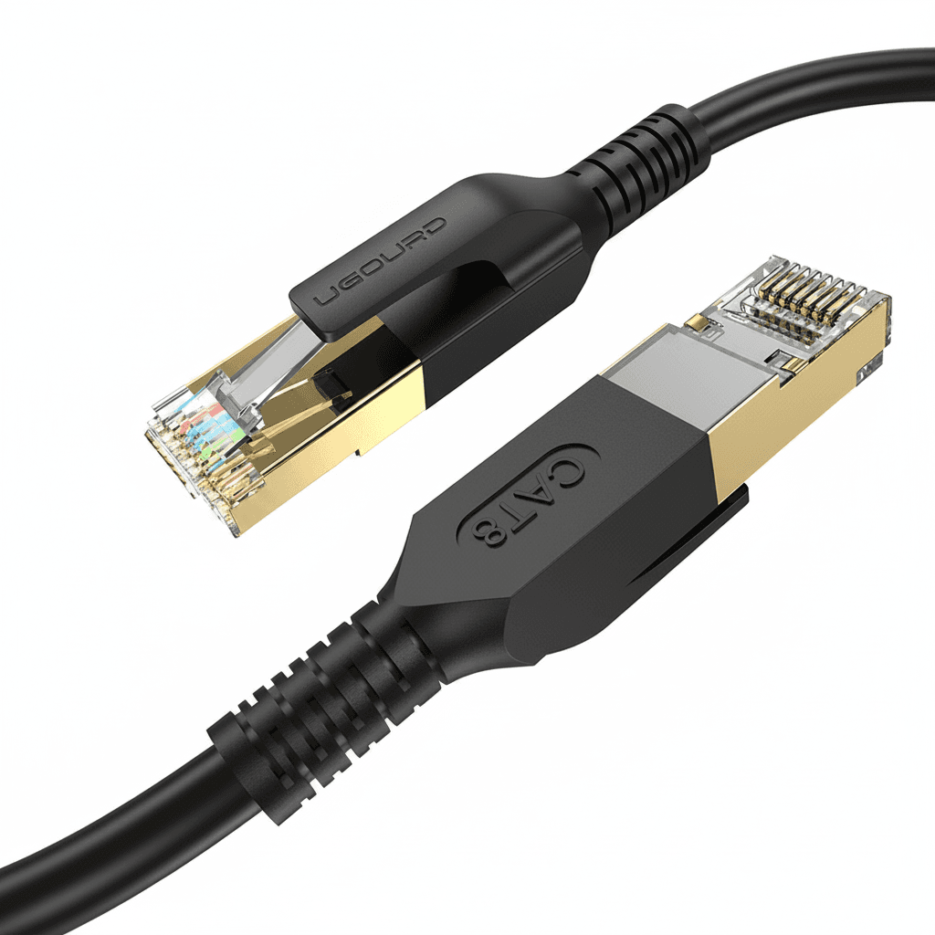 CAT8 Ethernet Cable with branding and specifications on a plain background.