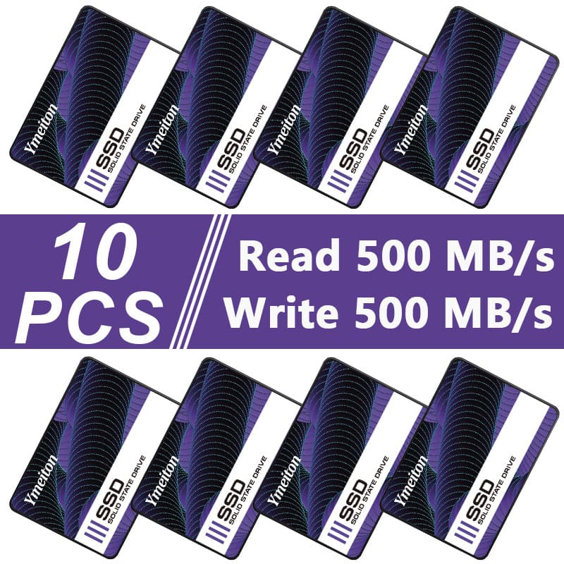 Ymeiton 10-pack of 2.5 inch SSD SATA3 internal solid-state drives, available in 120GB to 1TB capacities for laptops and desktops.